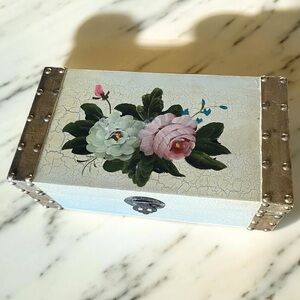 Hand Painted Shabby Chic Floral Decorative Box with Metal Accents